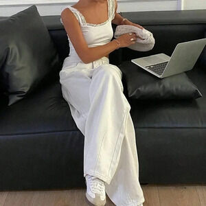 White Casual Women's Solid Color Loose Denim Pants